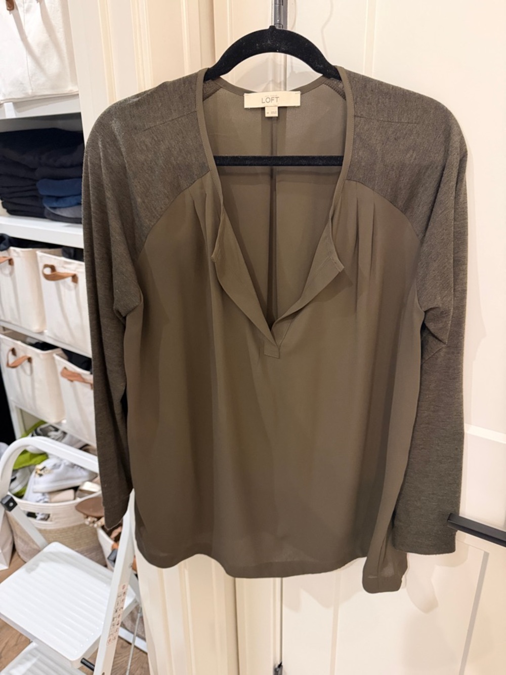 LOFT Olive Mixed-Media V-Neck Blouse